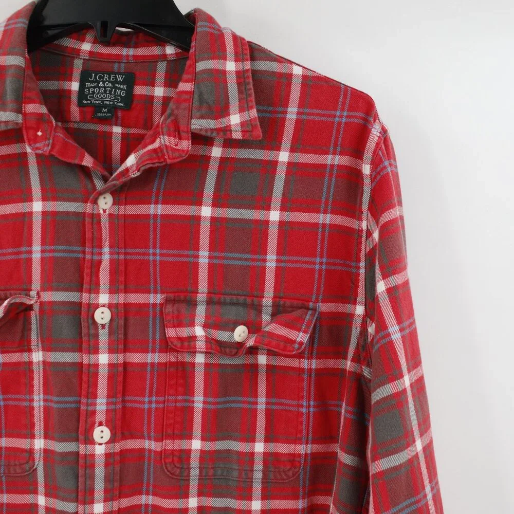 J Crew Shirt Mens Medium Flannel Button Up Long Sleeve Red Plaid Cotton sporting